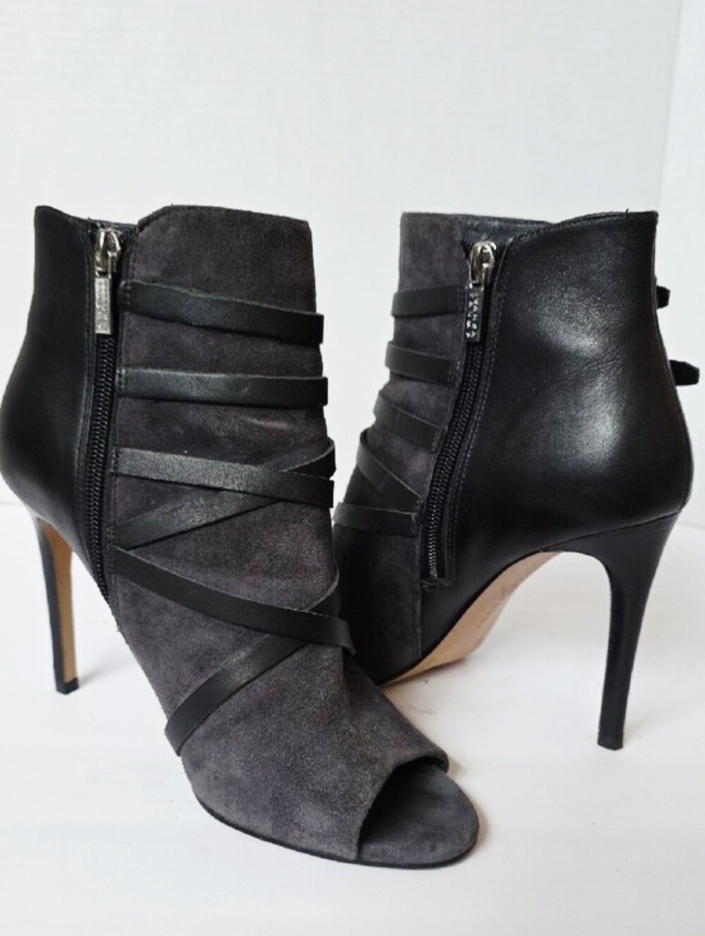 Suede & Leather Strappy Peep-Toe Stiletto Booties | Charcoal & Black